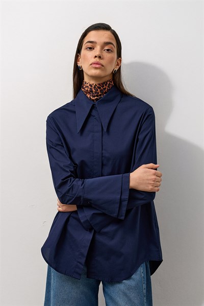 Lacivert Çift Manşetli Regular Gömlek