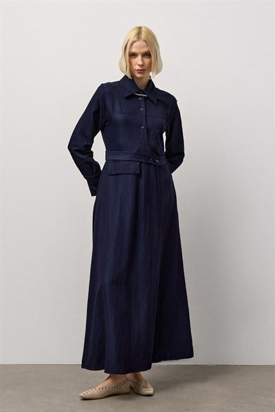 Lacivert Kapak Cepli Yandan Düğmeli Elbise