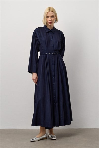 Lacivert Kemerli Boydan Düğmeli Elbise