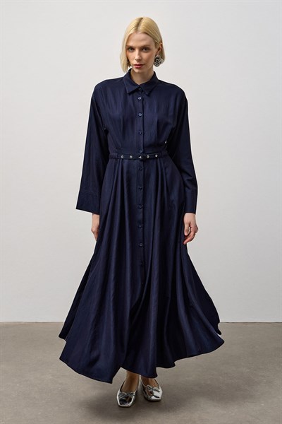 Lacivert Kemerli Boydan Düğmeli Elbise