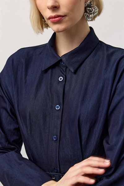 Lacivert Kemerli Boydan Düğmeli Elbise