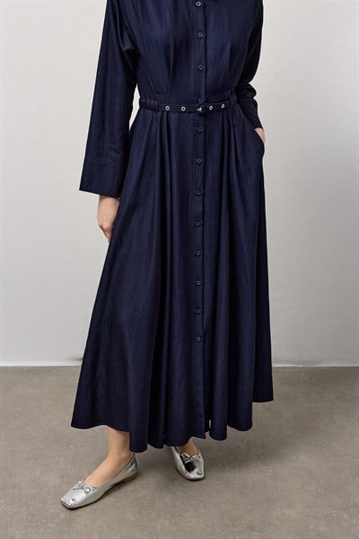 Lacivert Kemerli Boydan Düğmeli Elbise