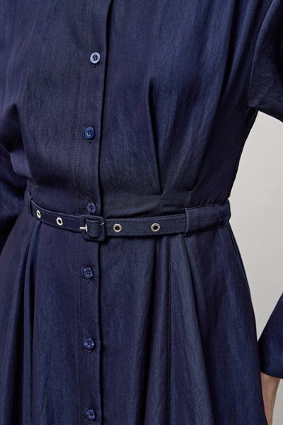 Lacivert Kemerli Boydan Düğmeli Elbise