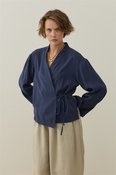 Lacivert Kruvaze Bağlamalı Mini Kimono