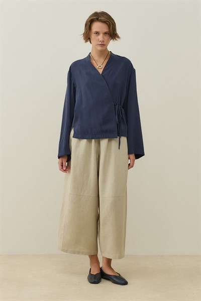 Lacivert Kruvaze Bağlamalı Mini Kimono