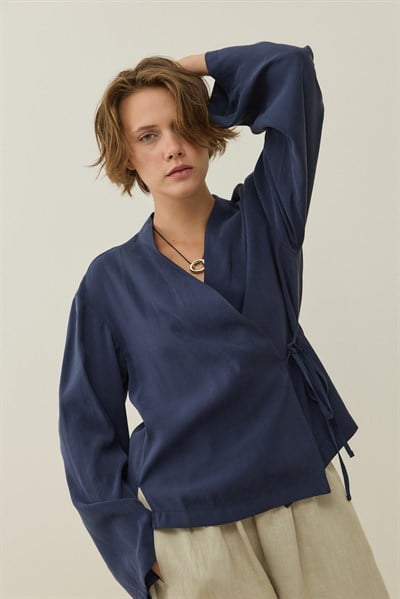 Lacivert Kruvaze Bağlamalı Mini Kimono
