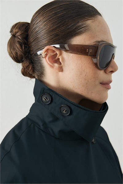 Lacivert Kutu Form Crop Gabardin Trenç