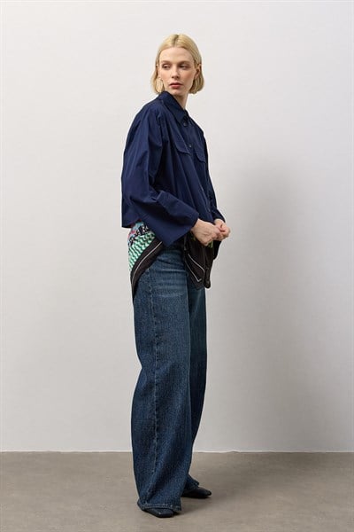 Lacivert Geniş Kol Mini Gömlek