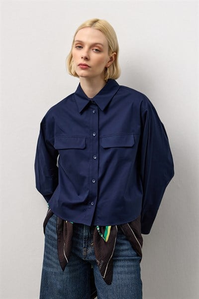 Lacivert Geniş Kol Mini Gömlek