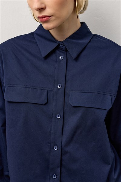 Lacivert Geniş Kol Mini Gömlek