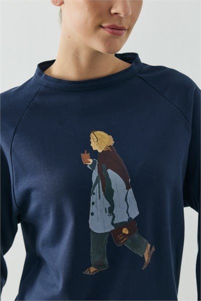 Lacivert Molene City Girl Baskılı Uzun Kol T-shirt