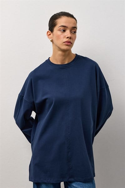 Lacivert Oversize Kesim Uzun Kollu Basic T-Shirt