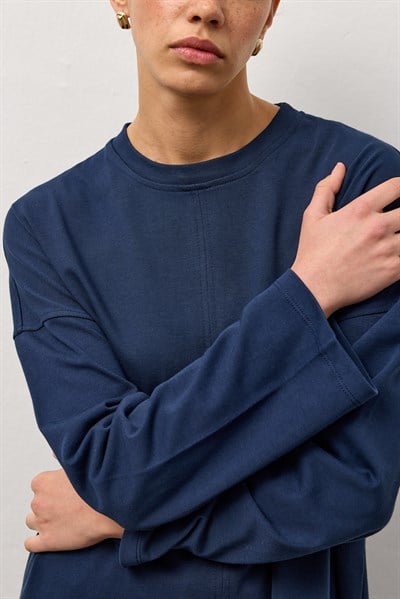 Lacivert Oversize Kesim Uzun Kollu Basic T-Shirt