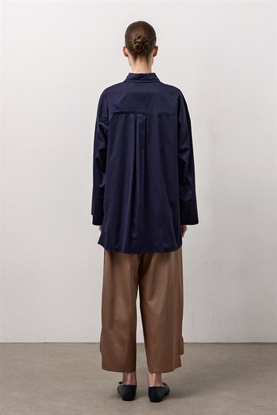 Lacivert Pamuk Saten Oversize Gömlek