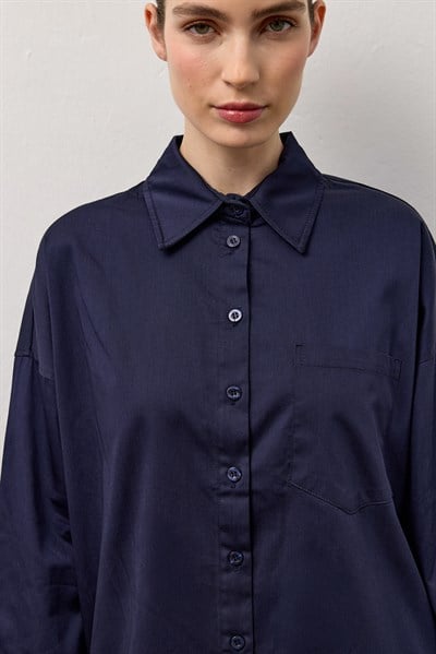 Lacivert Pamuk Saten Oversize Gömlek