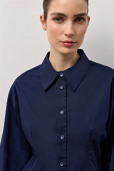 Lacivert Pensli Fitted Poplin Gömlek