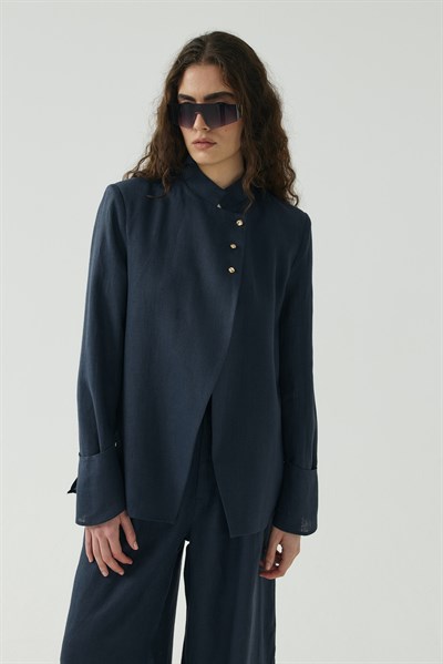 Lacivert Seyyar Manşet Detaylı Keten Blazer