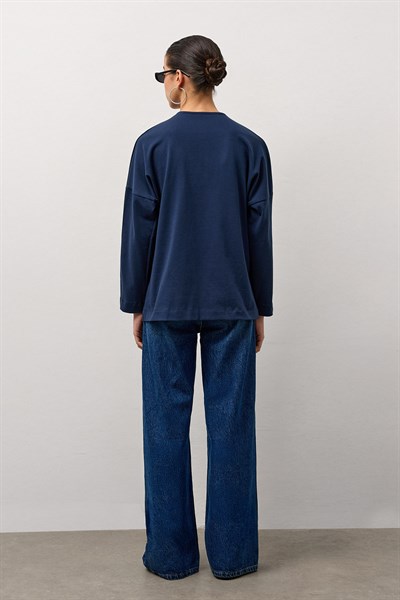 Lacivert V Yaka Uzun Kollu Basic T-Shirt