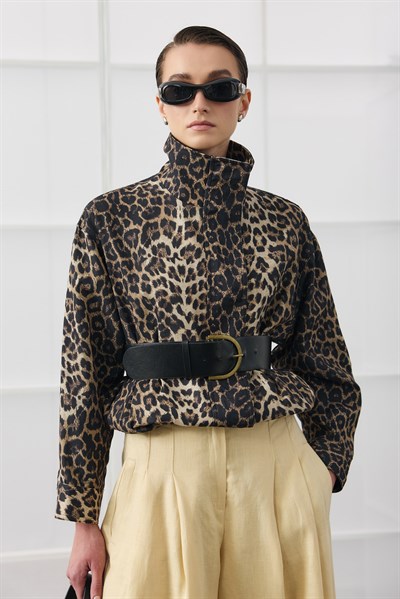 Leopar Desenli Dik Yaka Bomber Ceket