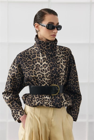 Leopar Desenli Dik Yaka Bomber Ceket