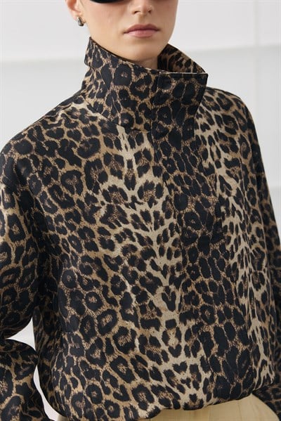 Leopar Desenli Dik Yaka Bomber Ceket