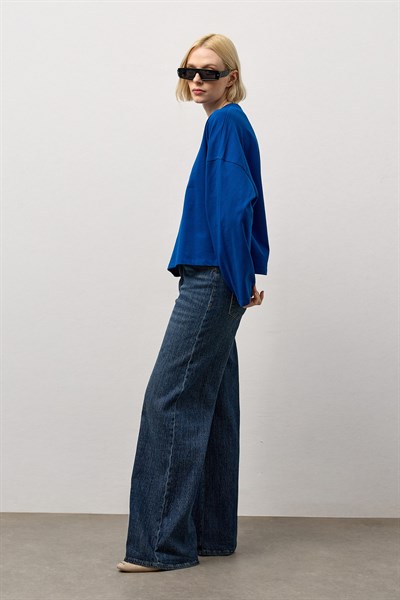 Mavi Dikiş Detaylı Bisiklet Yaka Basic T-Shirt