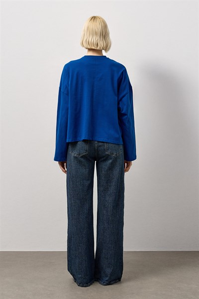 Mavi Dikiş Detaylı Bisiklet Yaka Basic T-Shirt