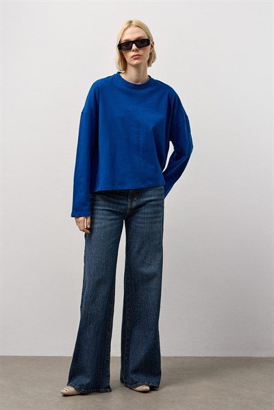 Mavi Dikiş Detaylı Bisiklet Yaka Basic T-Shirt