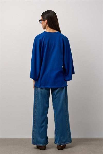 Mavi Geniş Kollu Uzun Basic T-Shirt