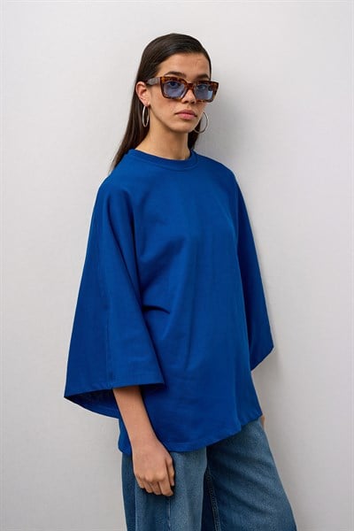 Mavi Geniş Kollu Uzun Basic T-Shirt