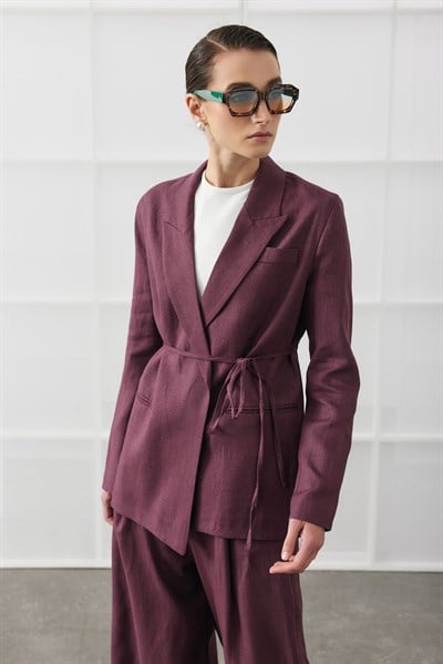Mürdüm Biye Kemerli Keten Blazer