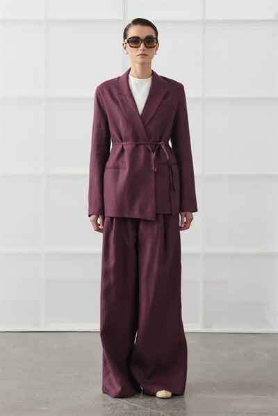 Mürdüm Biye Kemerli Keten Blazer