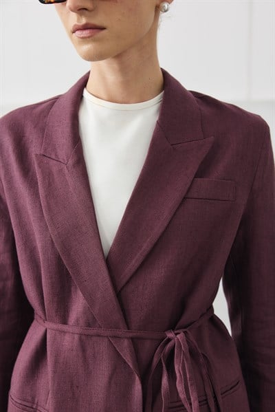 Mürdüm Biye Kemerli Keten Blazer