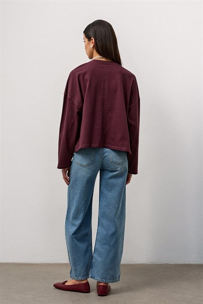 Mürdüm Dikiş Detaylı Bisiklet Yaka Basic T-Shirt