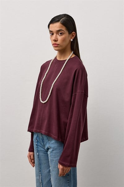 Mürdüm Dikiş Detaylı Bisiklet Yaka Basic T-Shirt