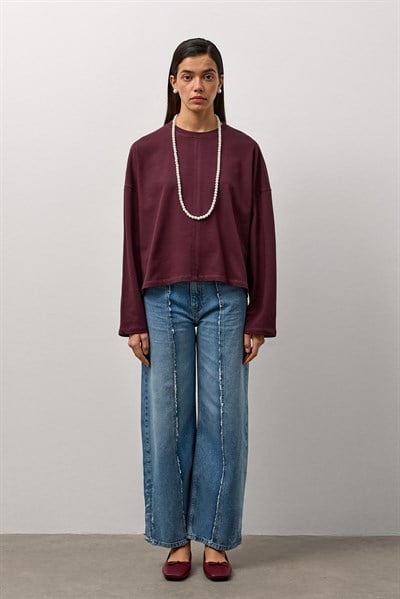 Mürdüm Dikiş Detaylı Bisiklet Yaka Basic T-Shirt