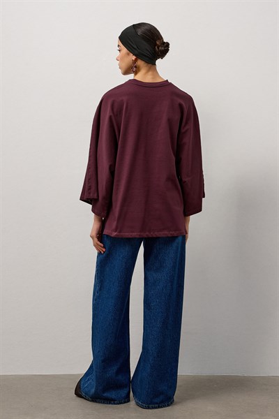Mürdüm Geniş Kollu Uzun Basic T-Shirt