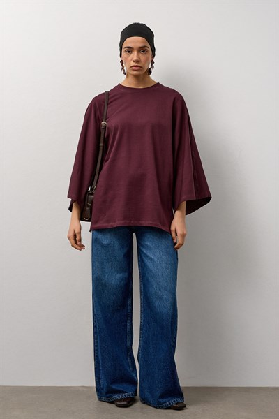 Mürdüm Geniş Kollu Uzun Basic T-Shirt