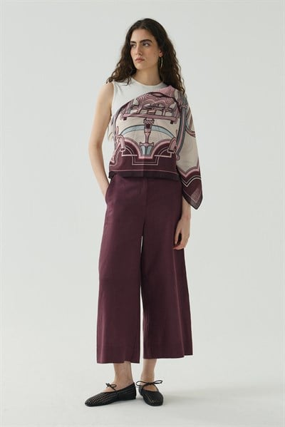 Mürdüm Kesik Detaylı Crop Keten Pantolon