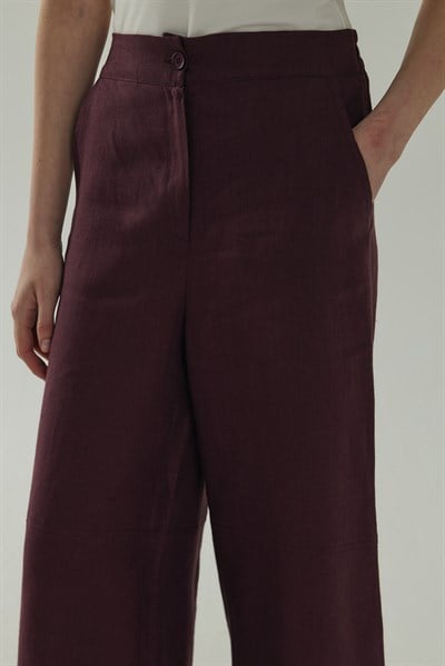 Mürdüm Kesik Detaylı Crop Keten Pantolon