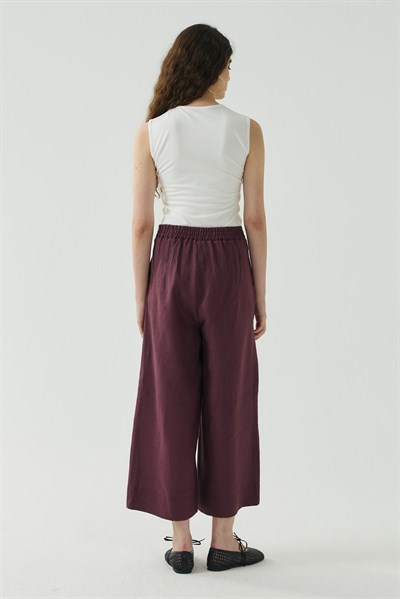 Mürdüm Kesik Detaylı Crop Keten Pantolon