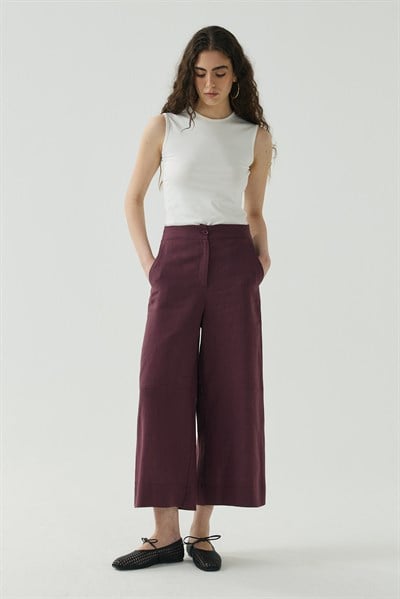 Mürdüm Kesik Detaylı Crop Keten Pantolon