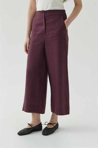 Mürdüm Kesik Detaylı Crop Keten Pantolon