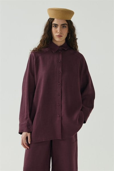 Mürdüm Oversize Basic Keten Gömlek