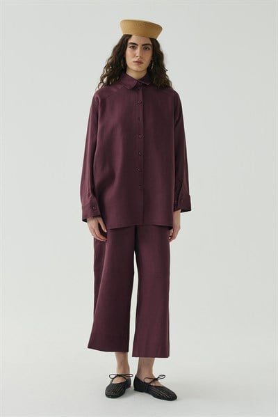 Mürdüm Oversize Basic Keten Gömlek