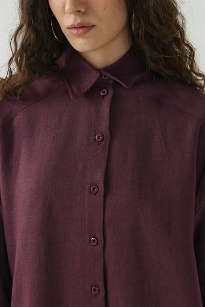 Mürdüm Oversize Basic Keten Gömlek