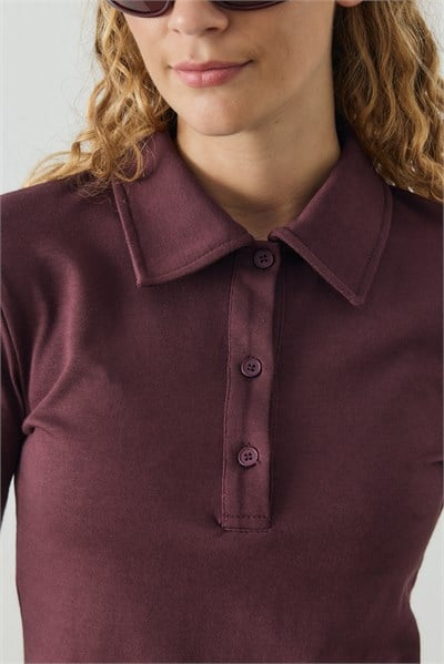 Mürdüm Polo Yaka Uzun Kollu T-shirt
