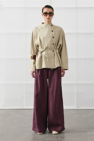 Natürel Yandan Kapamalı Keten Ceket