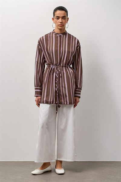 Pembe Belden Bağlamalı Çizgili Hakim Yaka Tunik