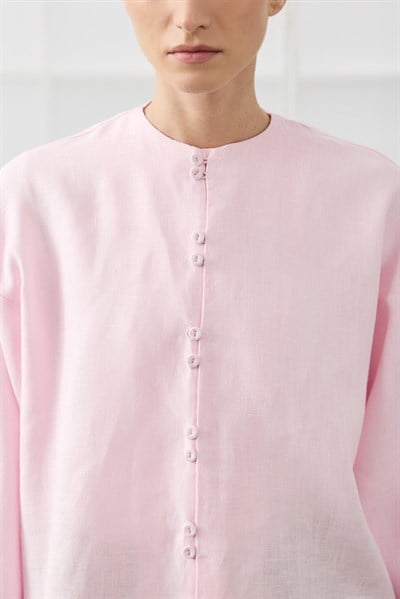 Pembe Çift Kaplama Düğme Detaylı Keten Gömlek